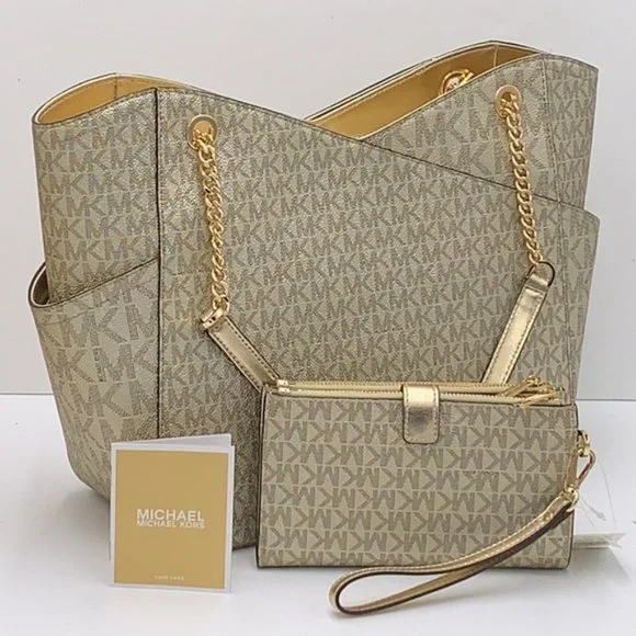 Michael Kors Large X Chain Sholder Tote & Large Double Zip Wallet Pale Gold - Picture 3 of 16